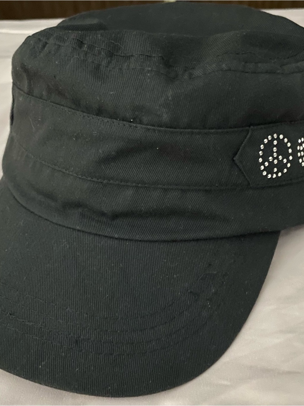 Black Military-Style Cap with Subtle Crystal Detail